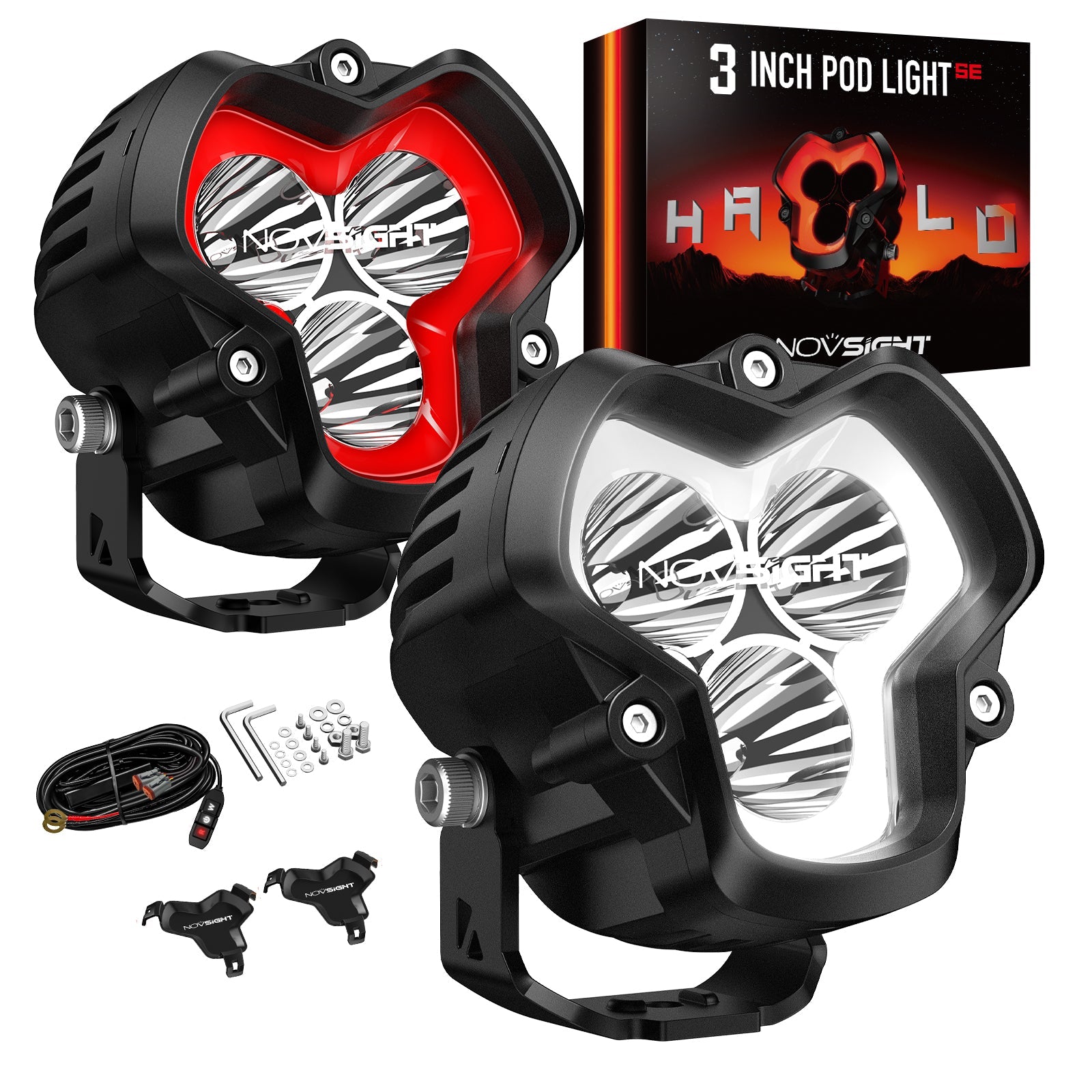 HALO SE Series 3インチ LED Pod Lights with Red and White DRL