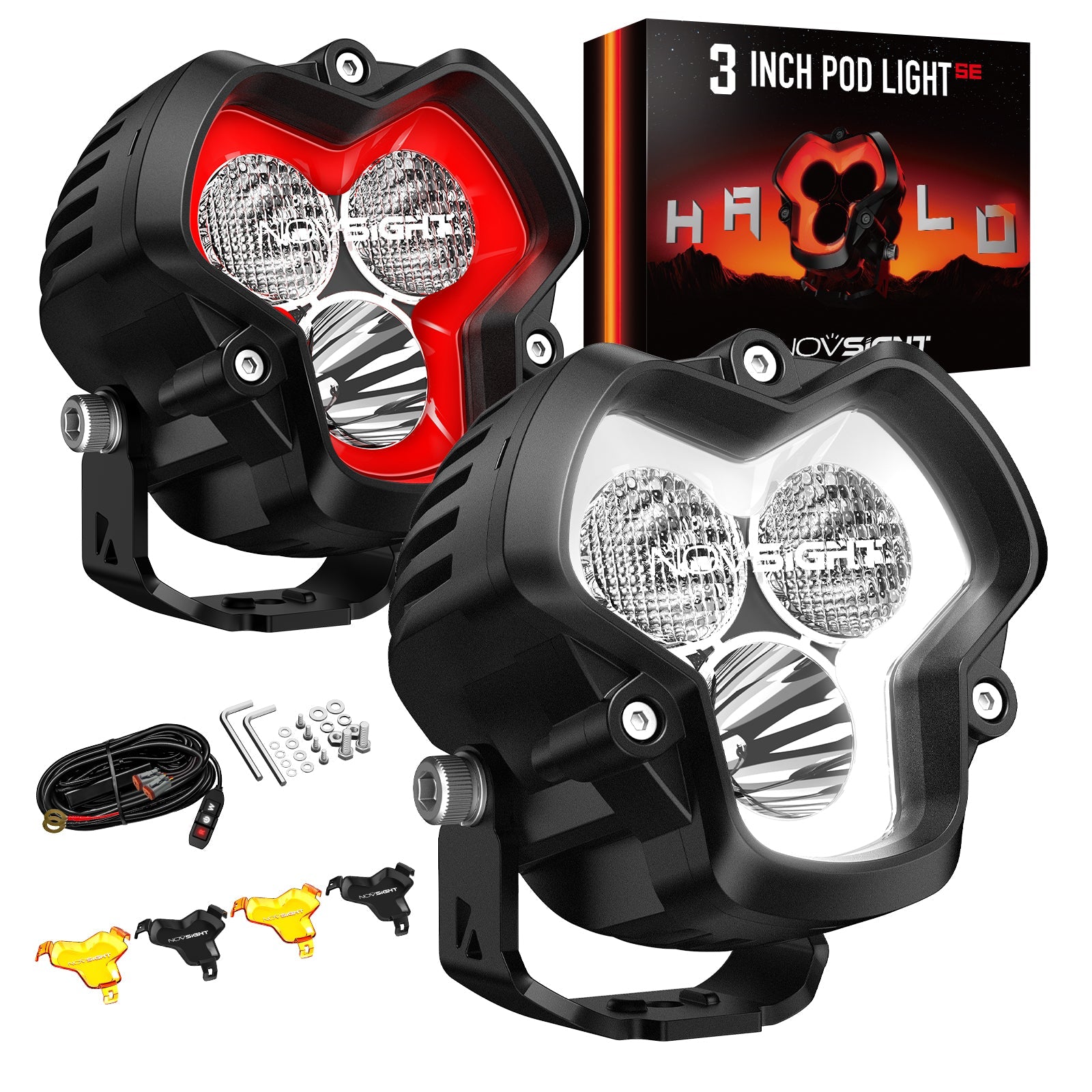 HALO SE Series 3インチ LED Pod Lights with Red and White DRL