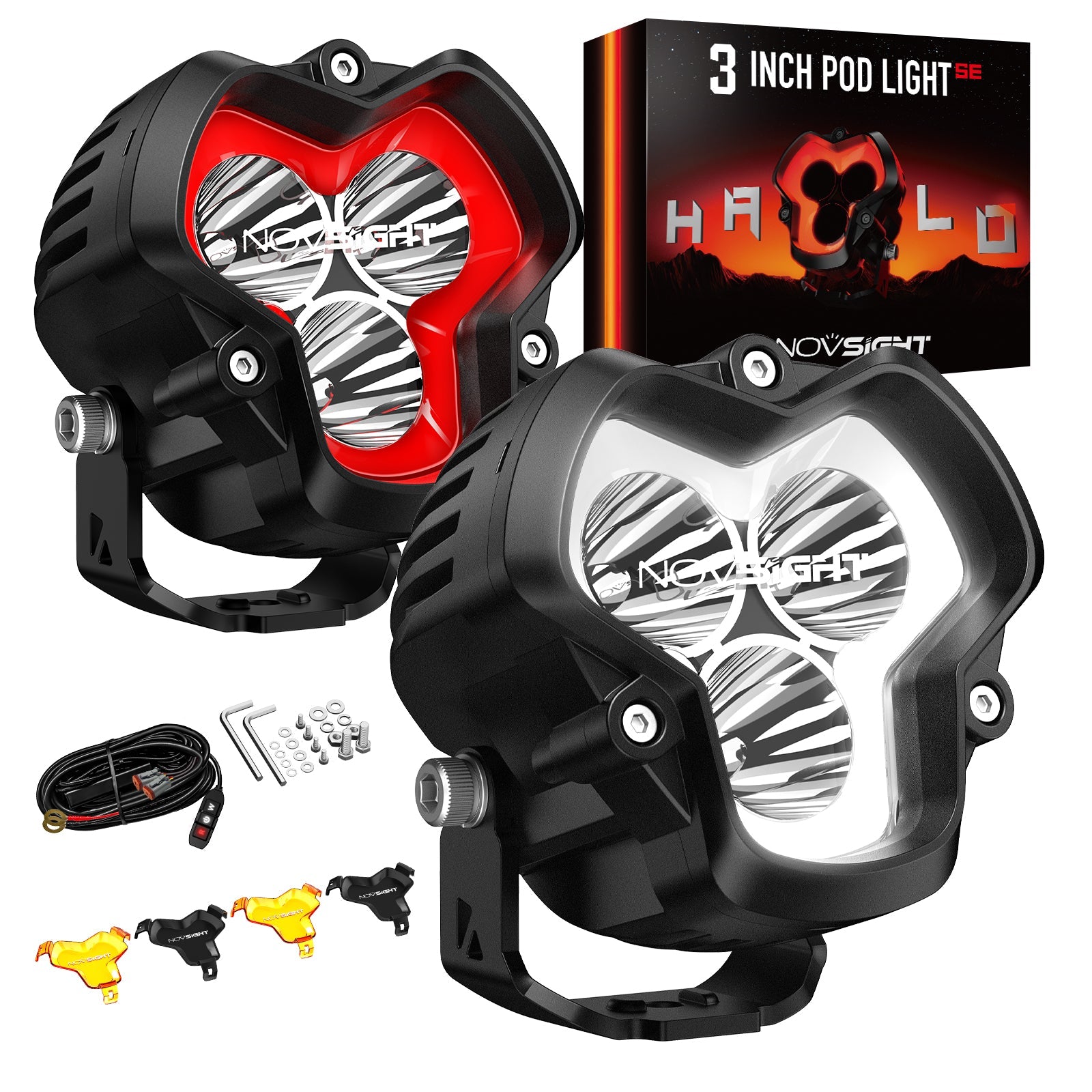 HALO SE Series 3インチ LED Pod Lights with Red and White DRL