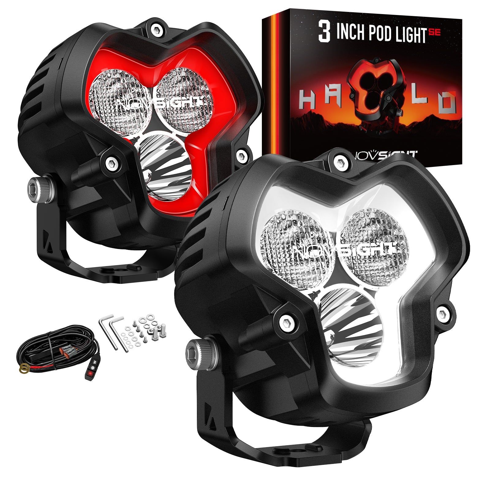 HALO SE Series 3インチ LED Pod Lights with Red and White DRL