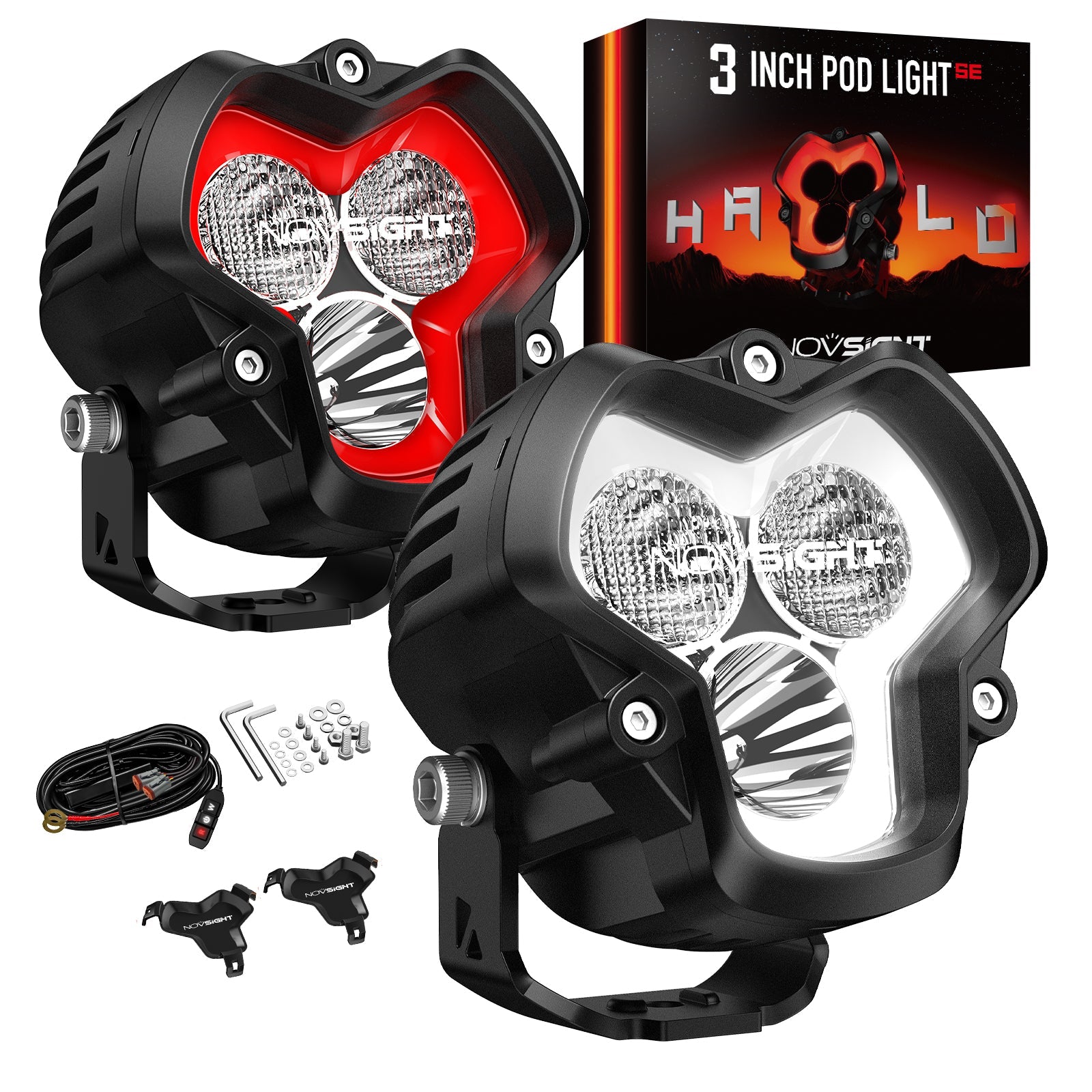 HALO SE Series 3インチ LED Pod Lights with Red and White DRL