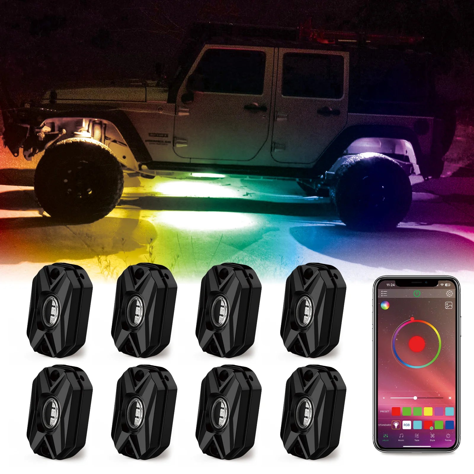 RGB LED Rock Lights Kit One to Eight (4Pods Set 8 Pods Set)